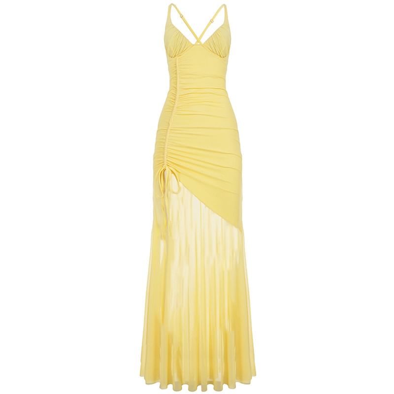 Halter Plain Side-Slit Drawstring Maxi Sheath Dress