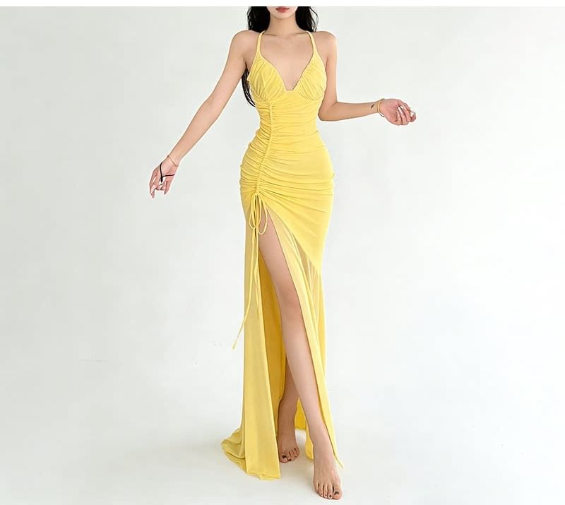 Halter Plain Side-Slit Drawstring Maxi Sheath Dress