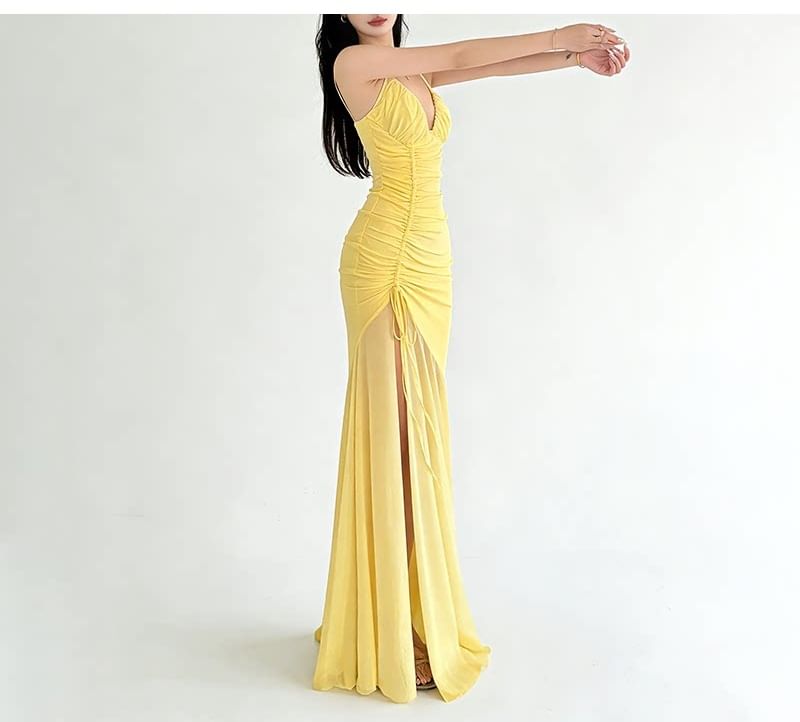 Halter Plain Side-Slit Drawstring Maxi Sheath Dress
