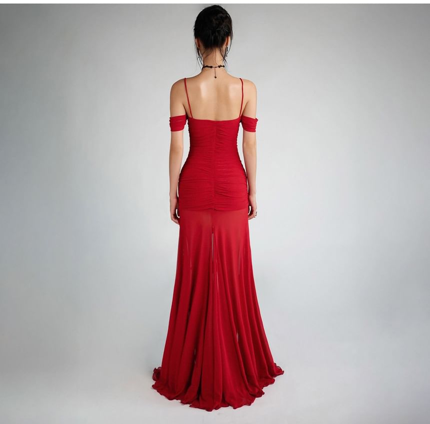 Cold-Shoulder Plain Ruched Front-Slit Maxi Mermaid Dress
