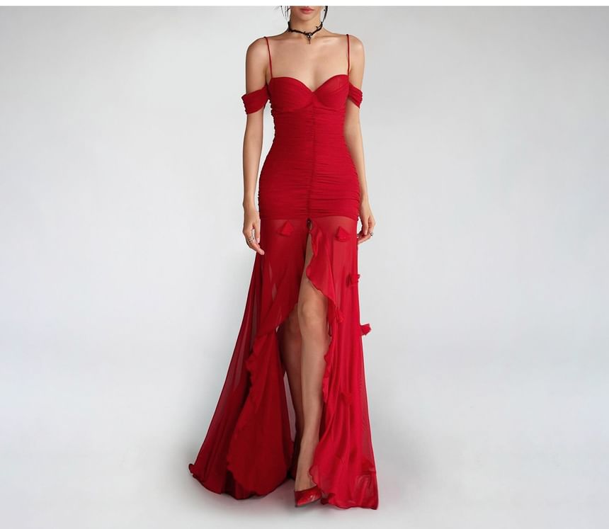 Cold-Shoulder Plain Ruched Front-Slit Maxi Mermaid Dress