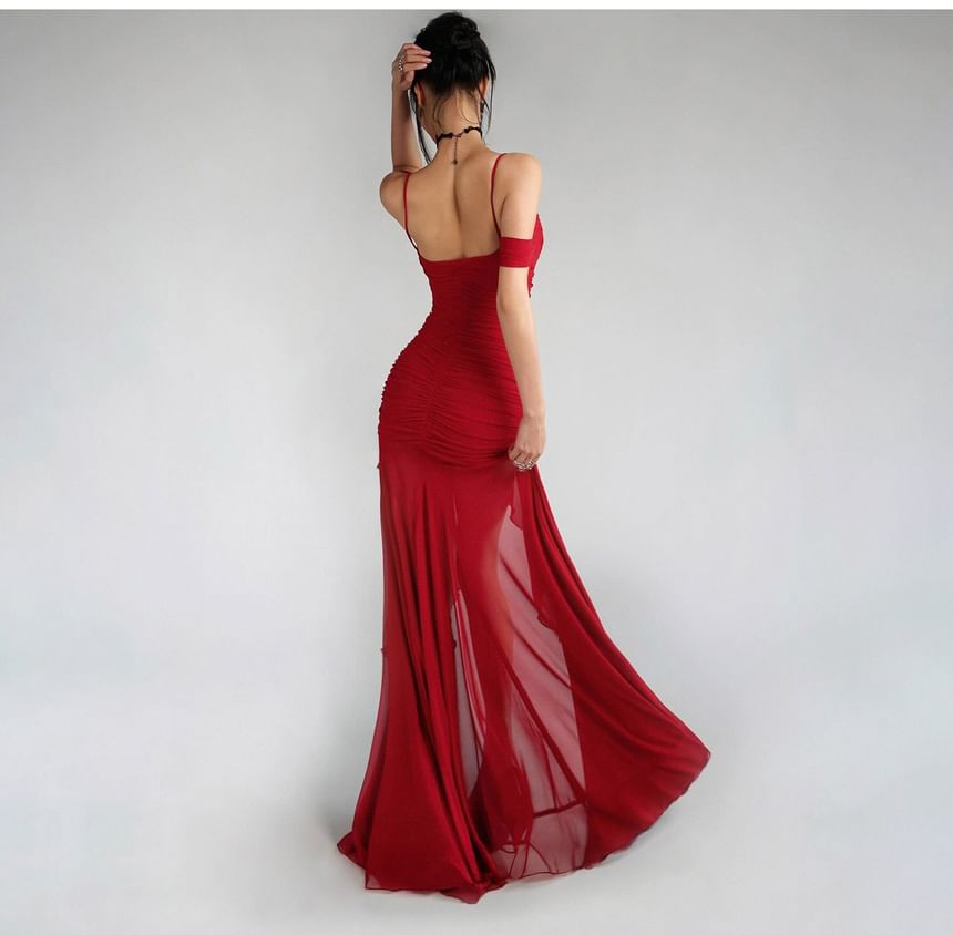 Cold-Shoulder Plain Ruched Front-Slit Maxi Mermaid Dress