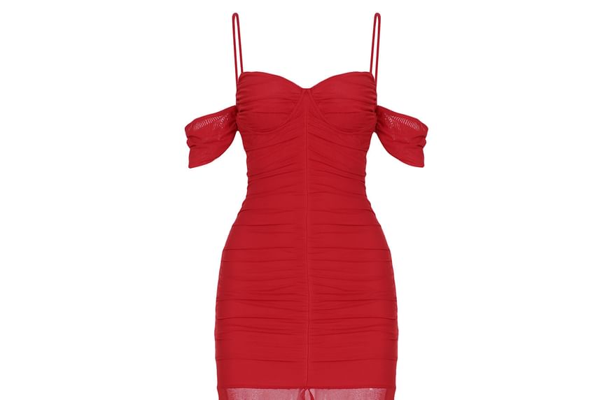 Cold-Shoulder Plain Ruched Front-Slit Maxi Mermaid Dress