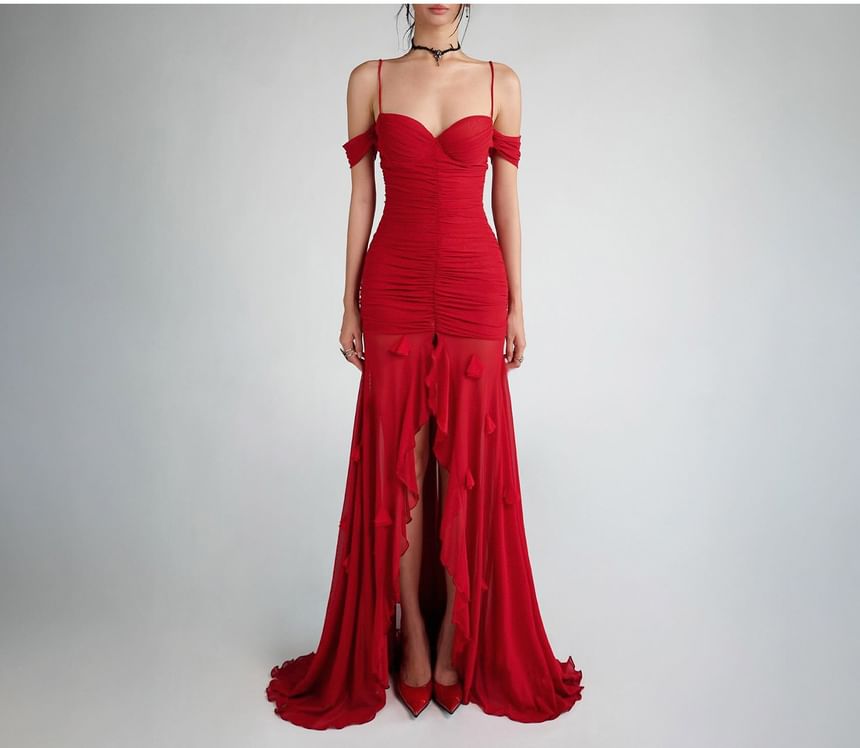 Cold-Shoulder Plain Ruched Front-Slit Maxi Mermaid Dress