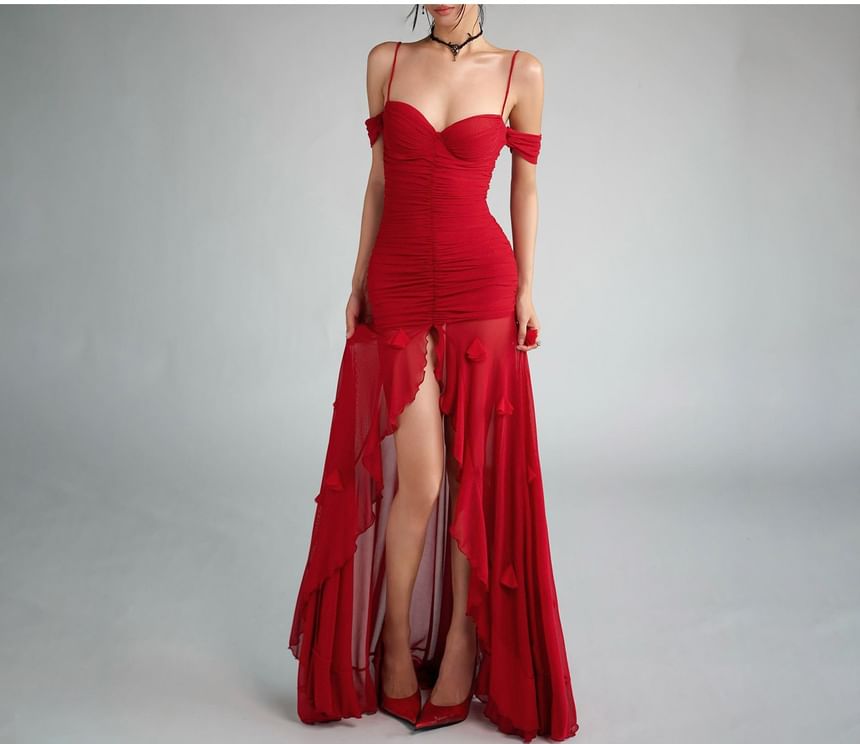 Cold-Shoulder Plain Ruched Front-Slit Maxi Mermaid Dress