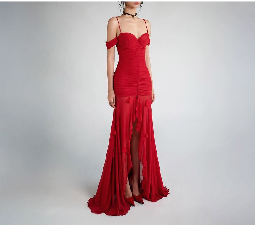 Cold-Shoulder Plain Ruched Front-Slit Maxi Mermaid Dress