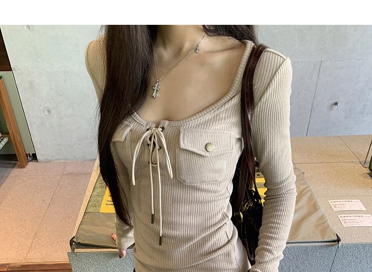 Long Sleeve Scoop Neck Ribbed Lace-Up Tee