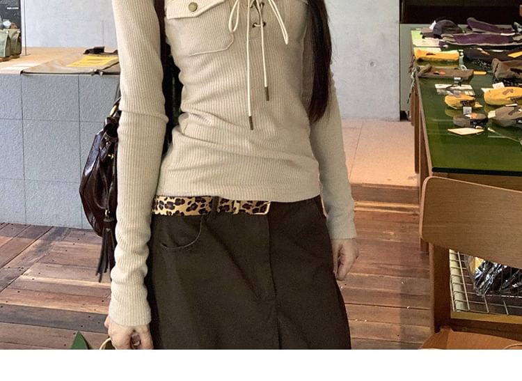 Long Sleeve Scoop Neck Ribbed Lace-Up Tee