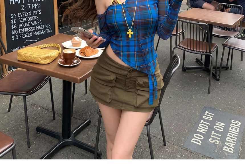 Long Sleeve Off-Shoulder Plaid Asymmetrical Cutout Cropped Top