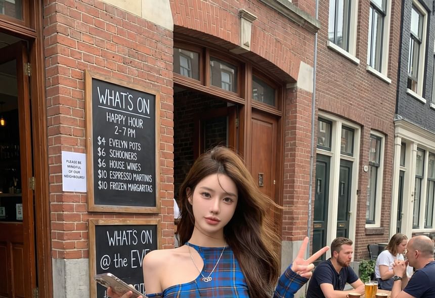 Long Sleeve Off-Shoulder Plaid Asymmetrical Cutout Cropped Top