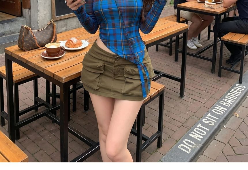 Long Sleeve Off-Shoulder Plaid Asymmetrical Cutout Cropped Top