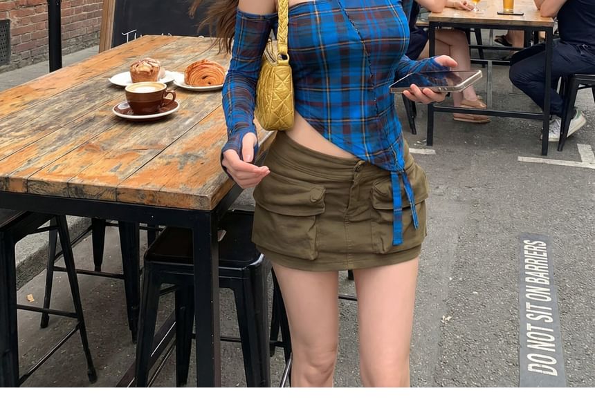 Long Sleeve Off-Shoulder Plaid Asymmetrical Cutout Cropped Top