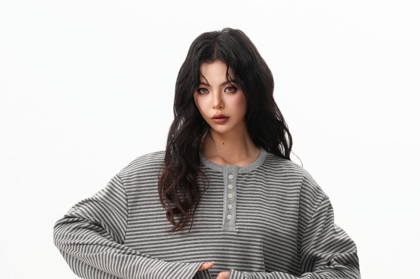 Long Sleeve Henley Striped Shirt