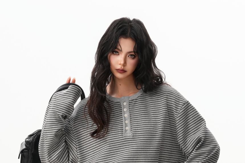 Long Sleeve Henley Striped Shirt