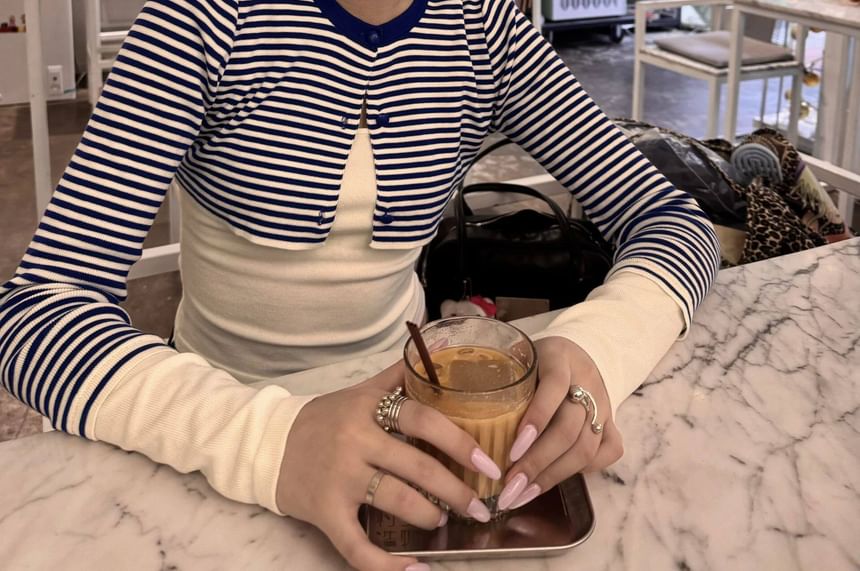 Mock Two-Piece Crew Neck Striped Button-Up Crop Cardigan