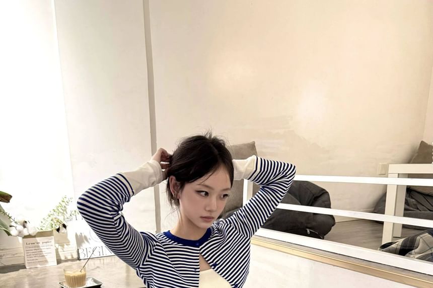 Mock Two-Piece Crew Neck Striped Button-Up Crop Cardigan