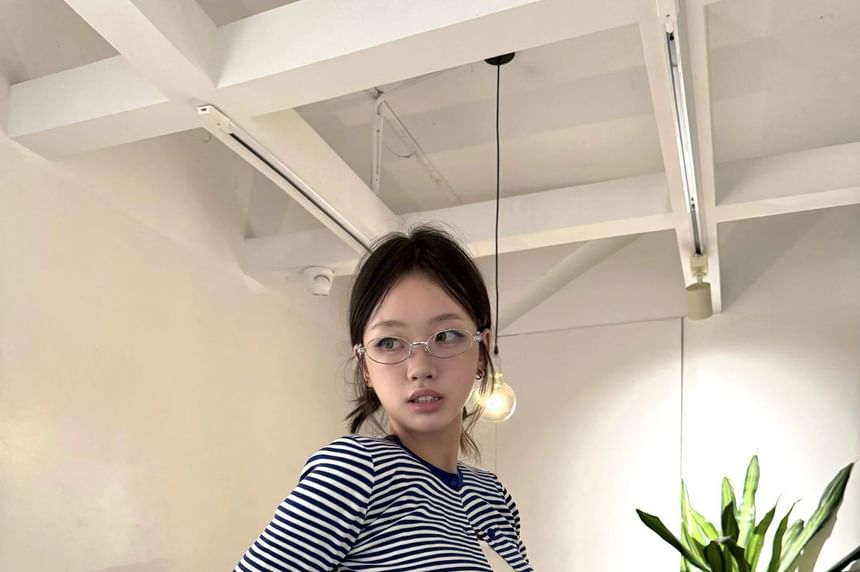 Mock Two-Piece Crew Neck Striped Button-Up Crop Cardigan