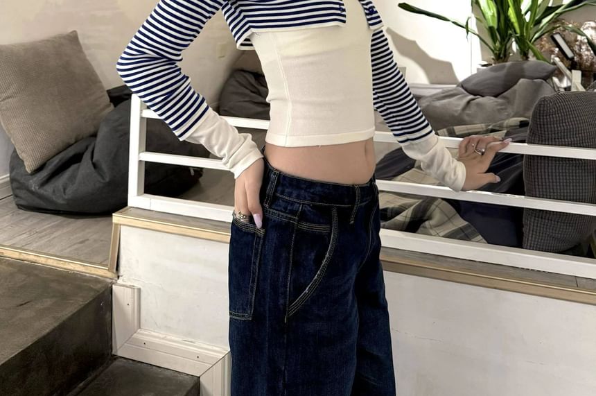 Mock Two-Piece Crew Neck Striped Button-Up Crop Cardigan