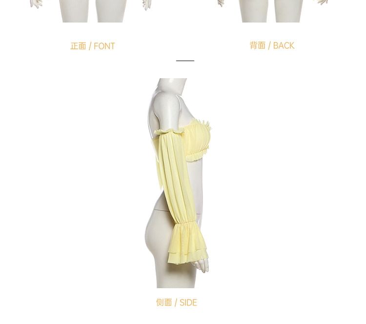 Off-Shoulder Puff-Sleeve Plain Ruffled Cropped Blouse / Low Rise Midi A-Line Tiered Skirt