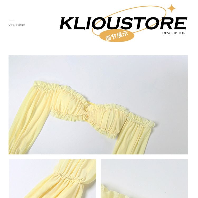 Off-Shoulder Puff-Sleeve Plain Ruffled Cropped Blouse / Low Rise Midi A-Line Tiered Skirt