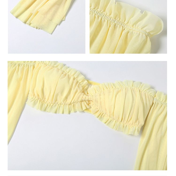 Off-Shoulder Puff-Sleeve Plain Ruffled Cropped Blouse / Low Rise Midi A-Line Tiered Skirt