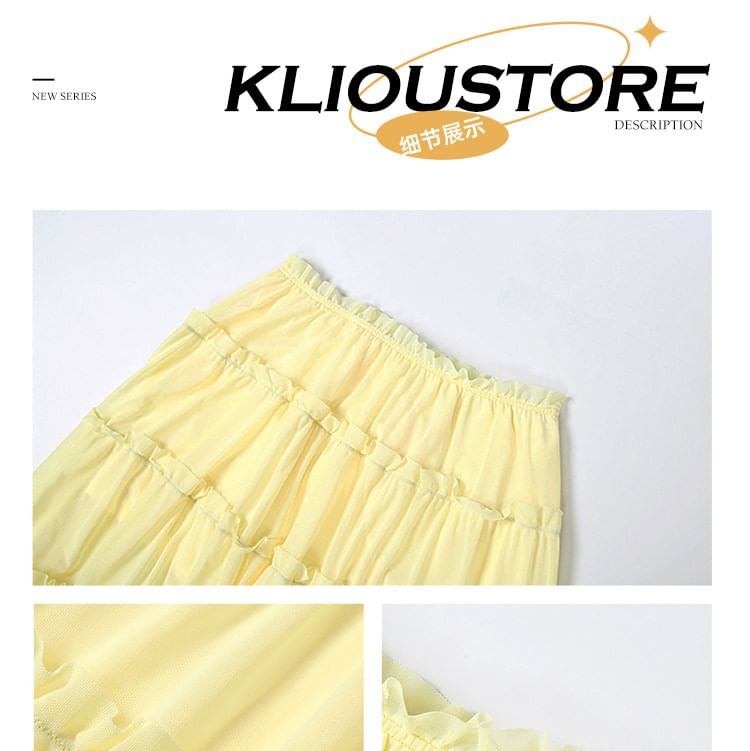 Off-Shoulder Puff-Sleeve Plain Ruffled Cropped Blouse / Low Rise Midi A-Line Tiered Skirt