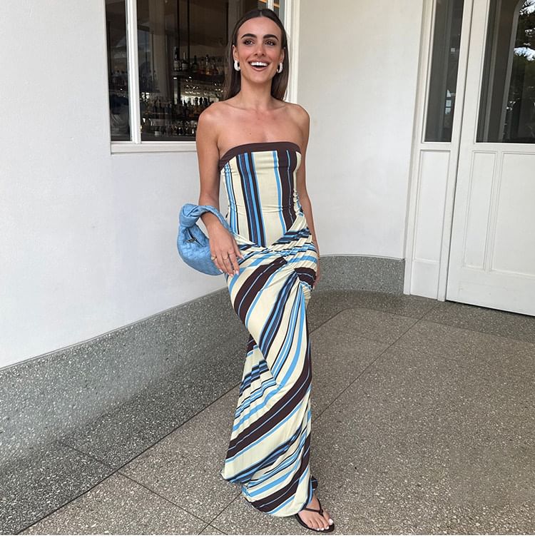 Strapless Striped Knotted Maxi A-Line Dress