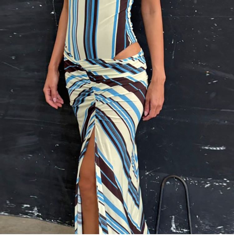 Strapless Striped Knotted Maxi A-Line Dress