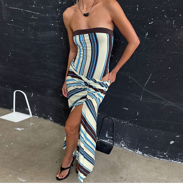 Strapless Striped Knotted Maxi A-Line Dress