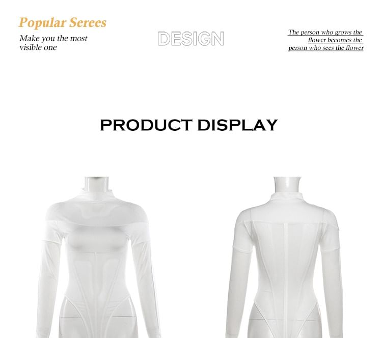 Long Sleeve High Neck Plain Paneled Mesh Bodysuit Top