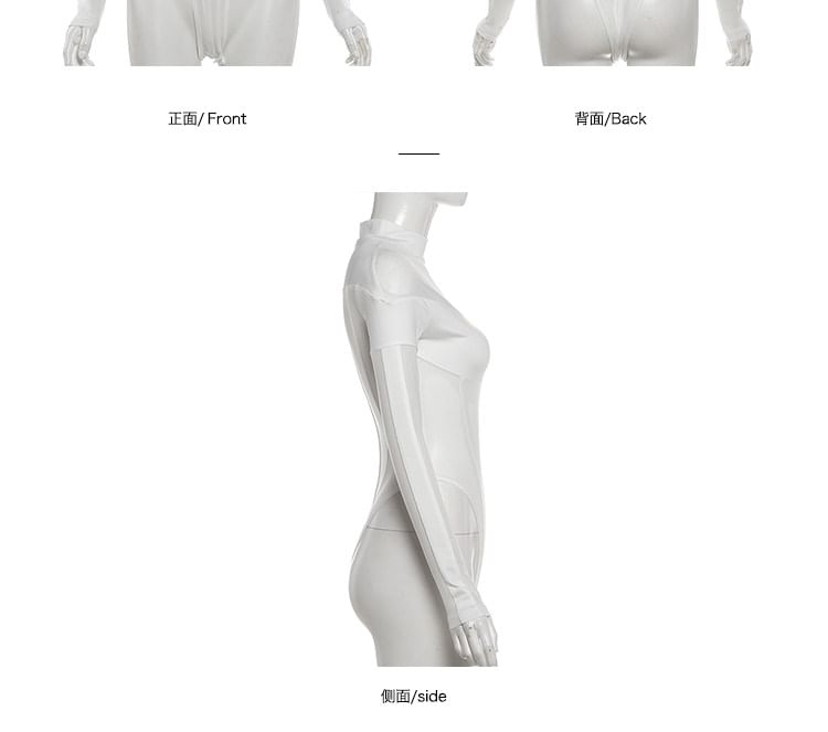 Long Sleeve High Neck Plain Paneled Mesh Bodysuit Top