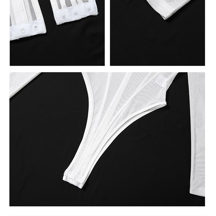 Long Sleeve High Neck Plain Paneled Mesh Bodysuit Top