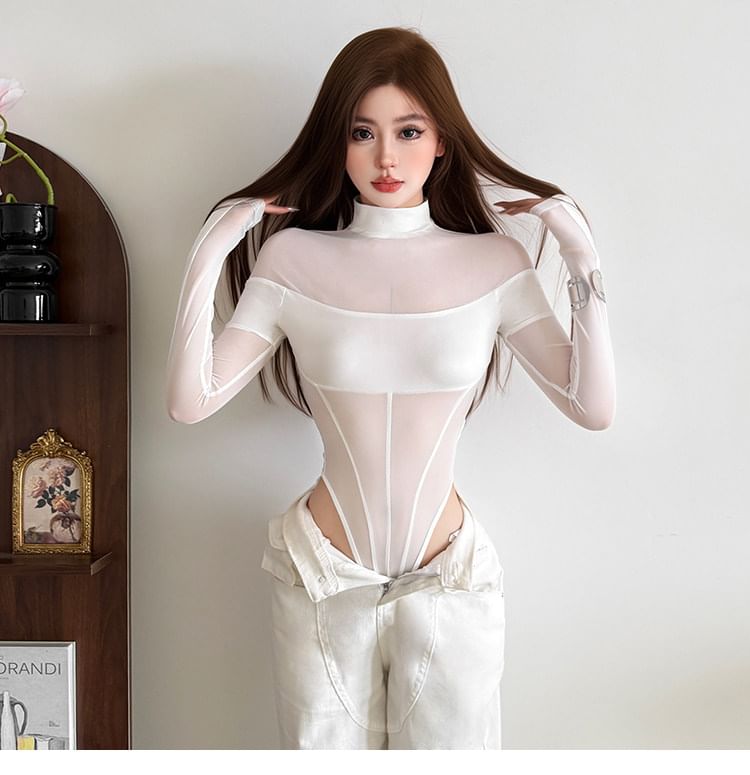 Long Sleeve High Neck Plain Paneled Mesh Bodysuit Top
