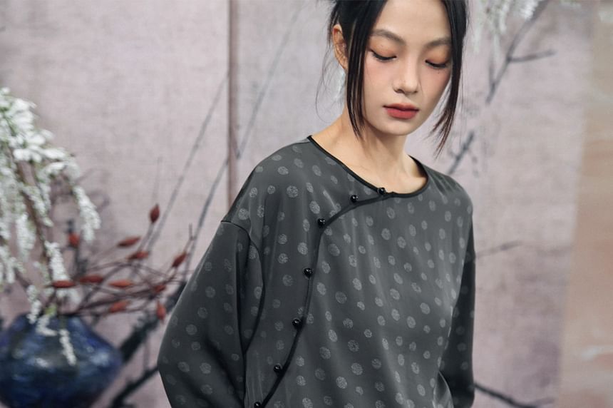 Puff-Sleeve Polka Dot Side-Slit Maxi Smock Dress