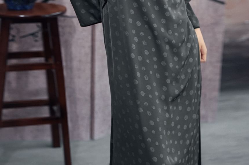 Puff-Sleeve Polka Dot Side-Slit Maxi Smock Dress
