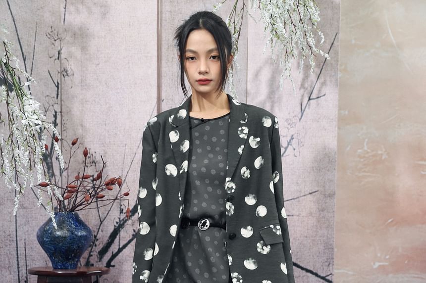 Puff-Sleeve Polka Dot Side-Slit Maxi Smock Dress