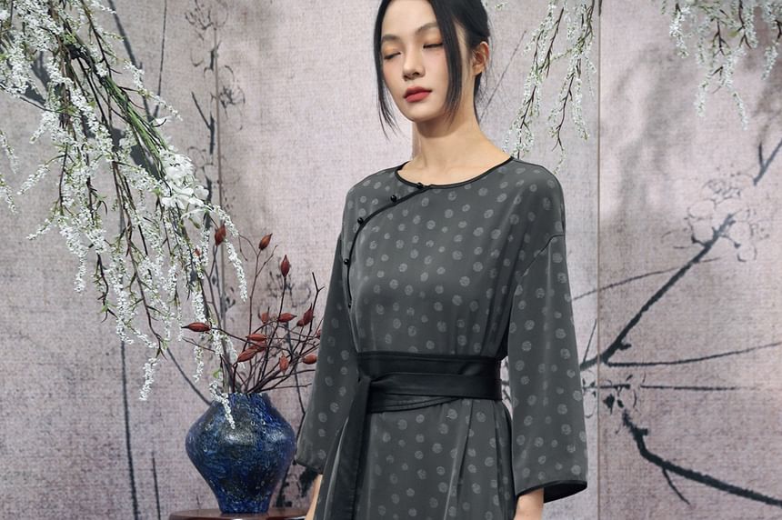Puff-Sleeve Polka Dot Side-Slit Maxi Smock Dress