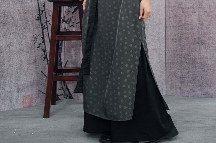 Puff-Sleeve Polka Dot Side-Slit Maxi Smock Dress