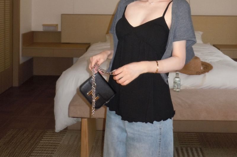 V-Neck Plain Lettuce Edge Camisole / Short Sleeve Tie Front Cropped Cardigan