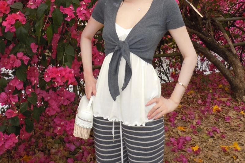 V-Neck Plain Lettuce Edge Camisole / Short Sleeve Tie Front Cropped Cardigan