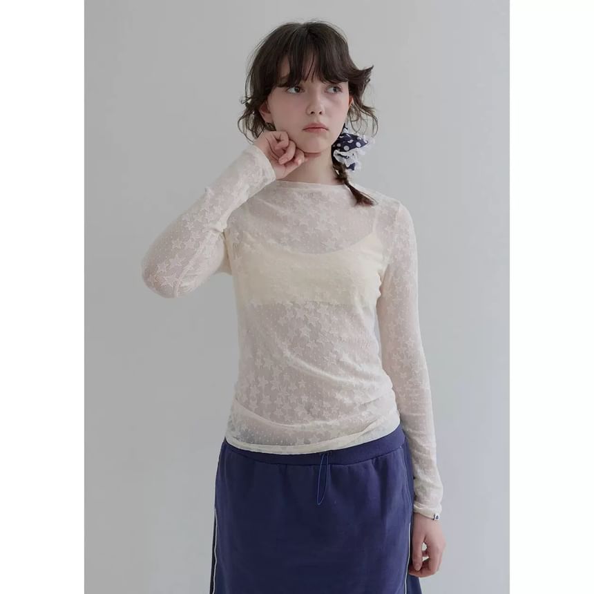 Long-Sleeve Crew Neck Sheer Lace Top