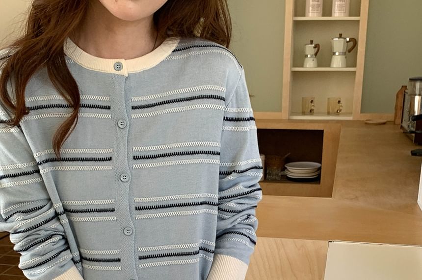 Crewneck Striped Button-Up Cardigan