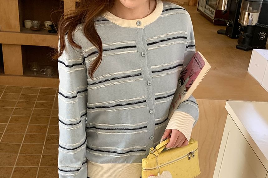 Crewneck Striped Button-Up Cardigan
