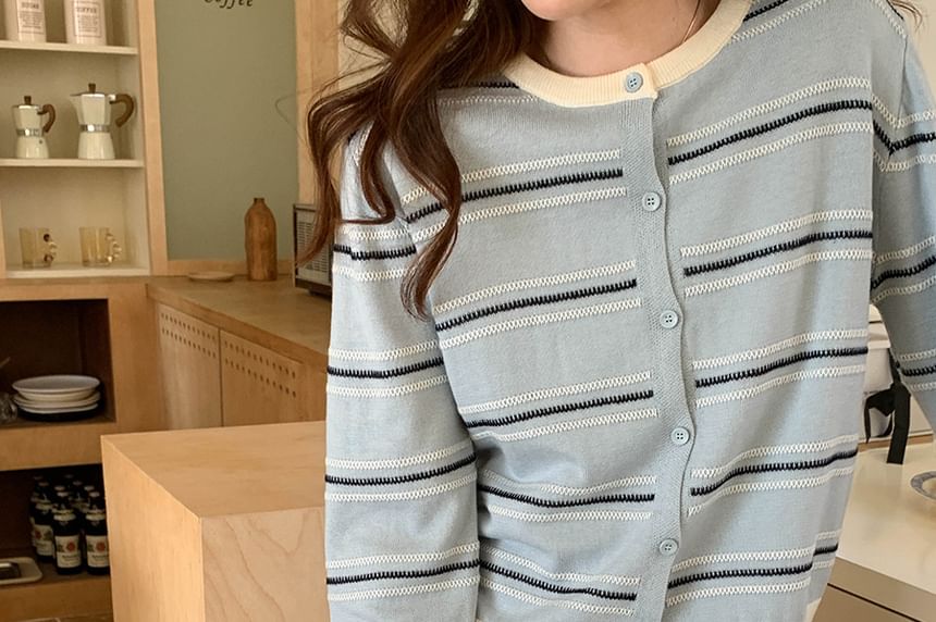 Crewneck Striped Button-Up Cardigan