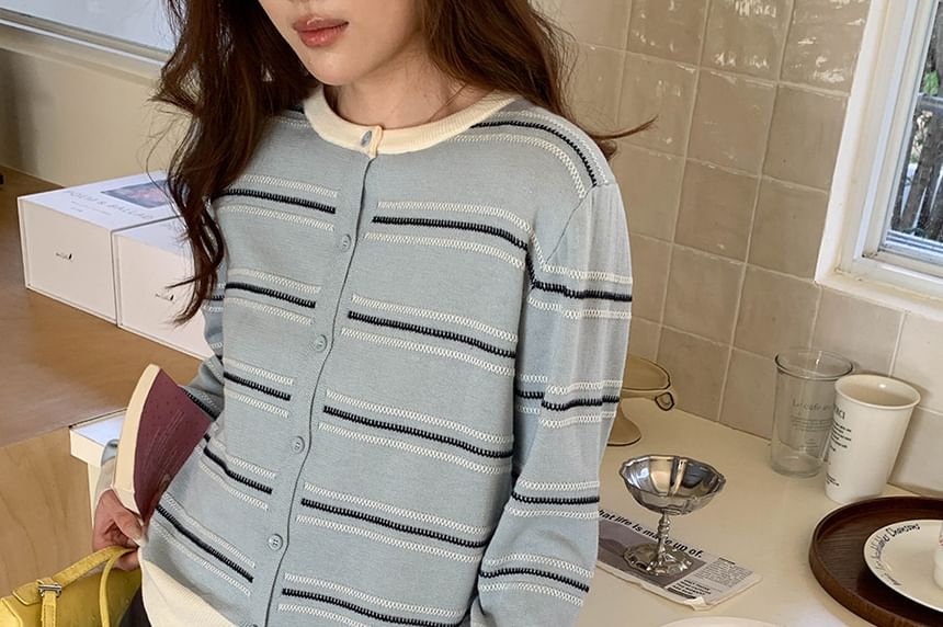Crewneck Striped Button-Up Cardigan