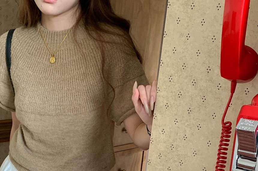 Short-Sleeve Crewneck Solid Knit Top