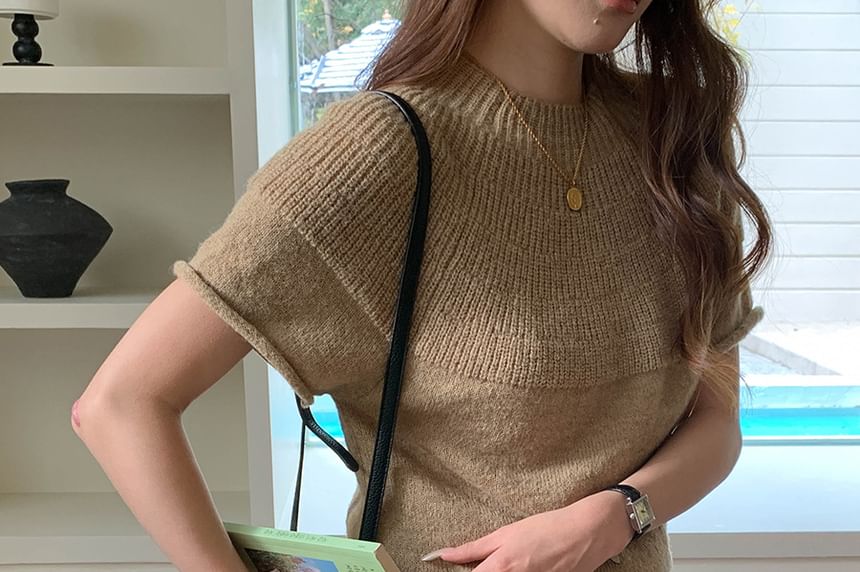 Short-Sleeve Crewneck Solid Knit Top