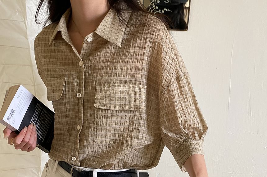 3/4-Sleeve Pocketed Plaid Shirt