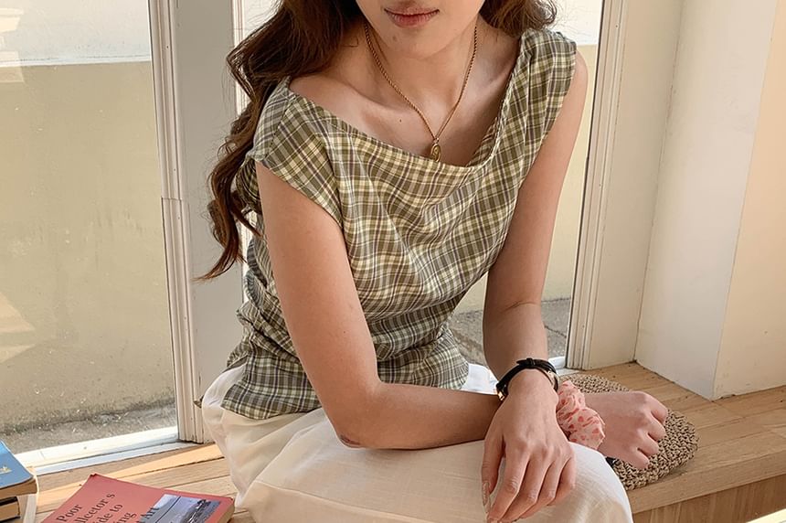 Cap-Sleeve Boatneck Plaid Blouse