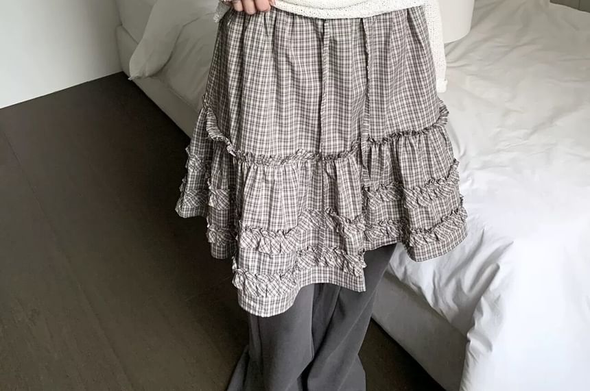 Plaid Frill Trim Midi A-Line Skirt - Altfashion Shop
